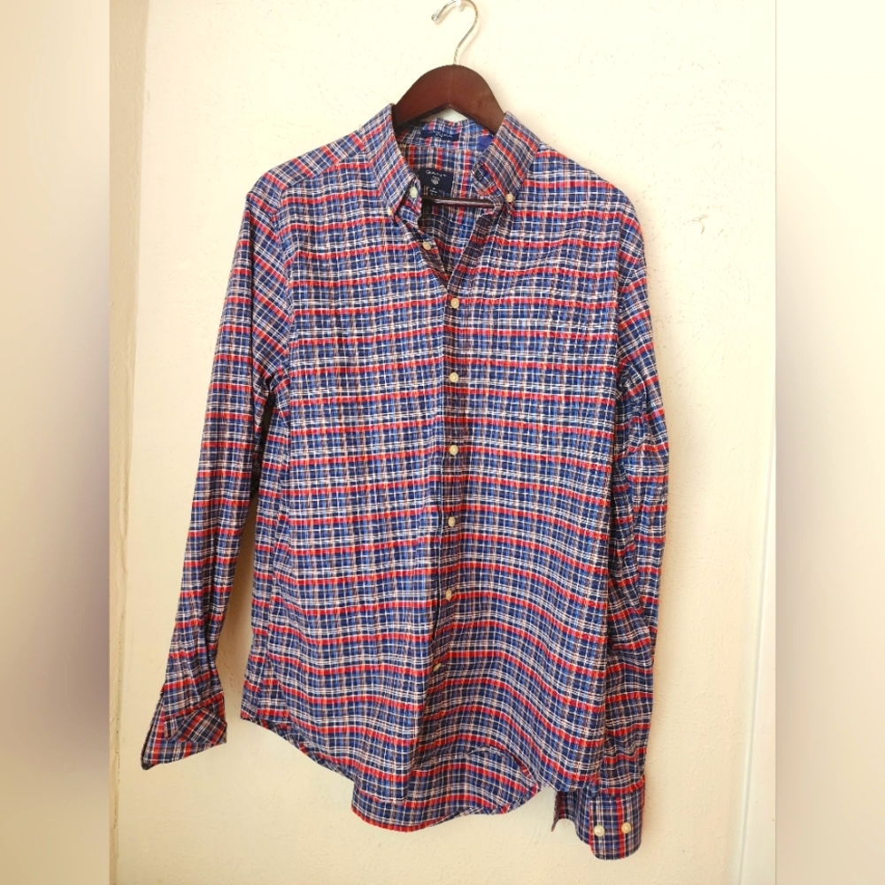 GANT Mens Red Bluel Oxford Fitted Check Shirt Long Sleeve Plaid Size XL